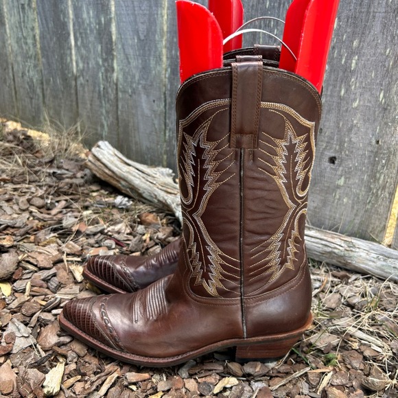 Laredo Shoes - Laredo Brown Leather Western Cowgirl Boots Lizard Embossed Wingtip Pointed Toe